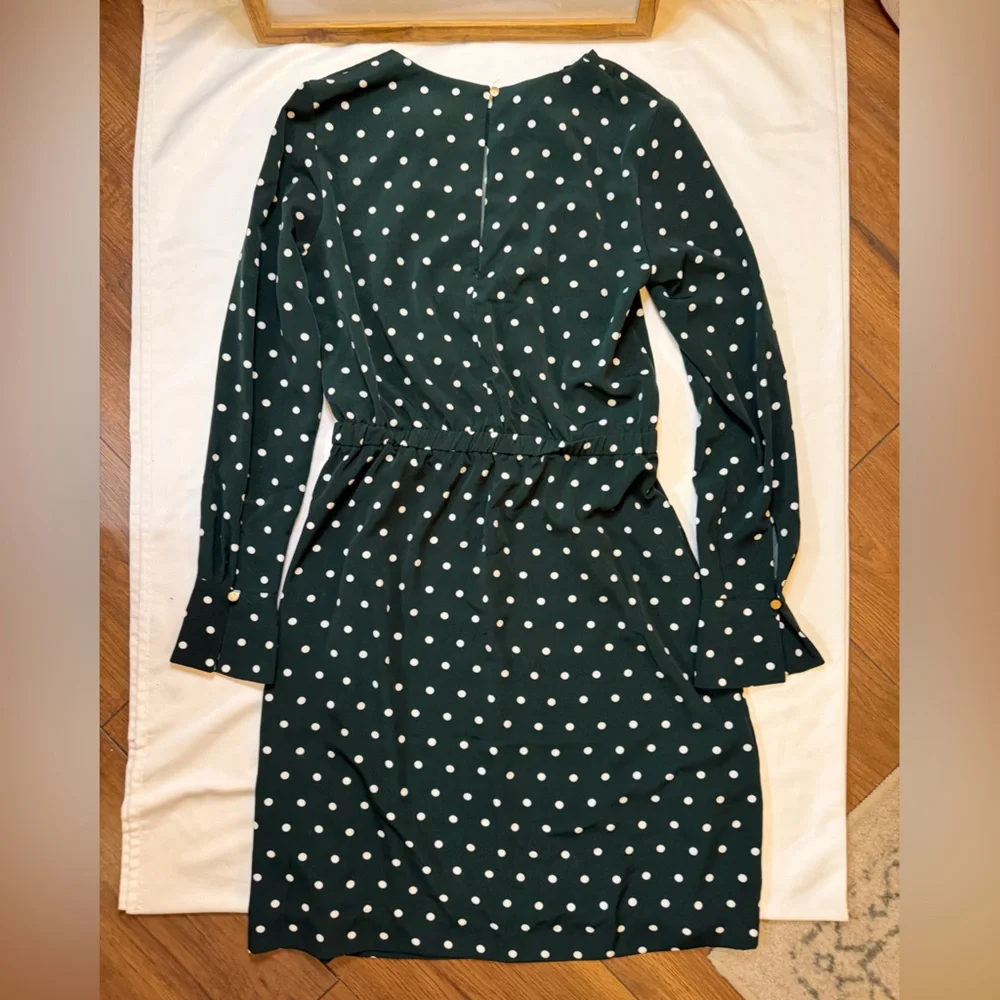 H&M size 8 dark green polka dot long sleeve midi dress - Picture 3 of 6